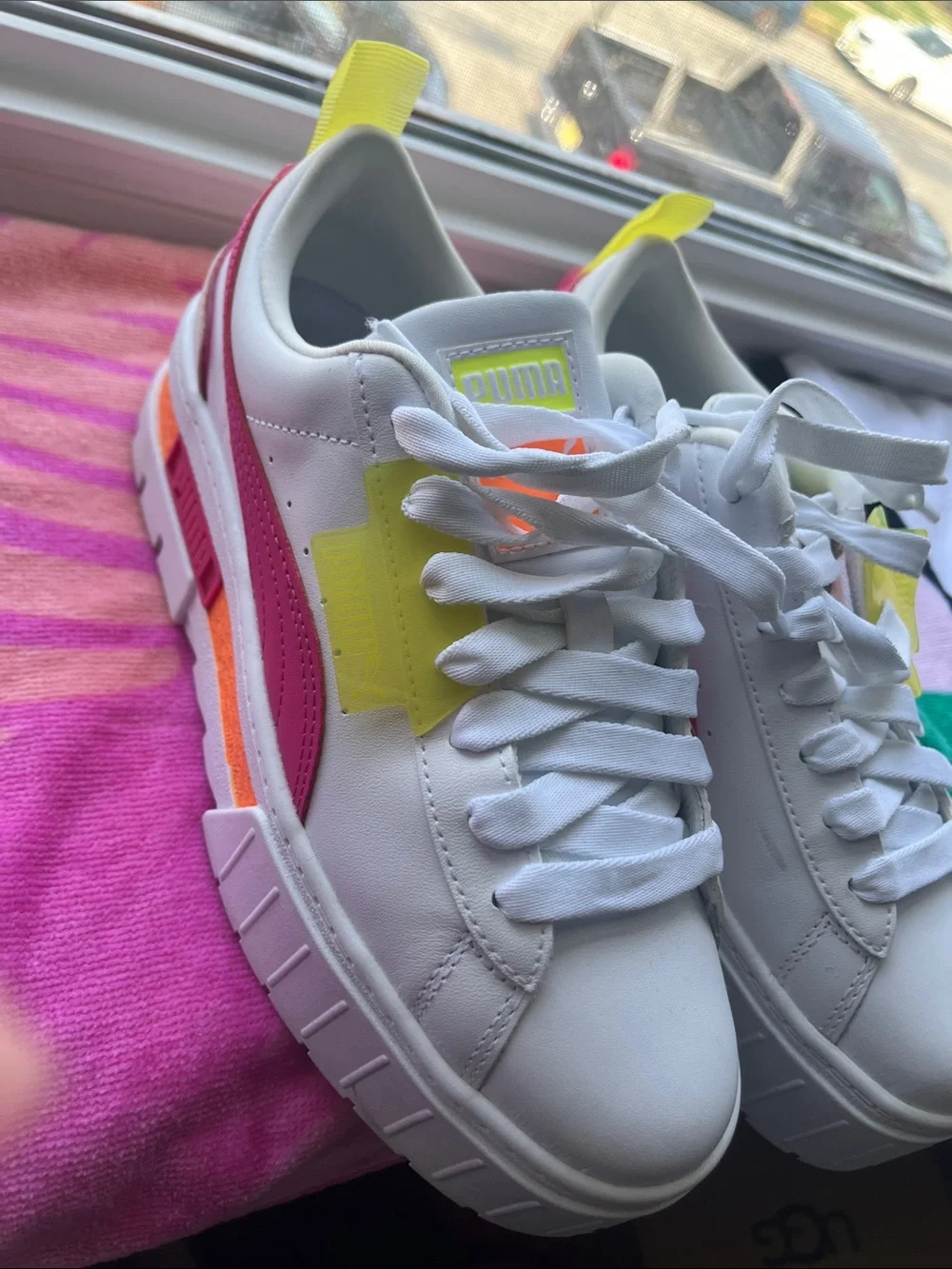 Puma Kids White Sneakers with Neon Yellow and Orange Accents